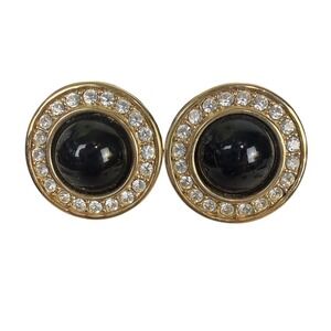 SAL Swarovski America Ltd Vintage Black Cabochon Gold Tone Crystal Halo Earrings